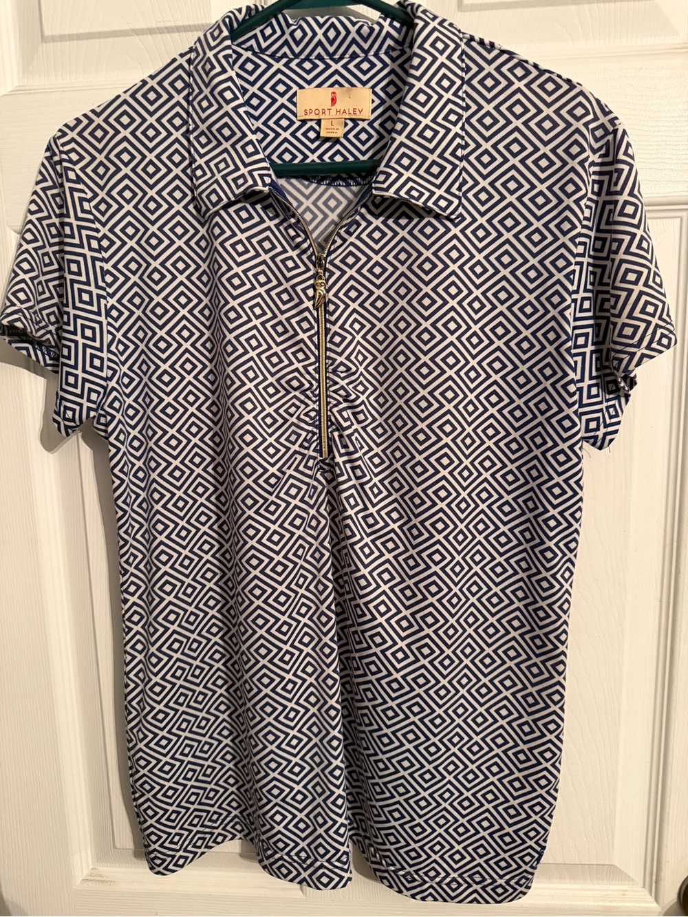 Sport Haley Navy & White Geometric Zip-Front Polo